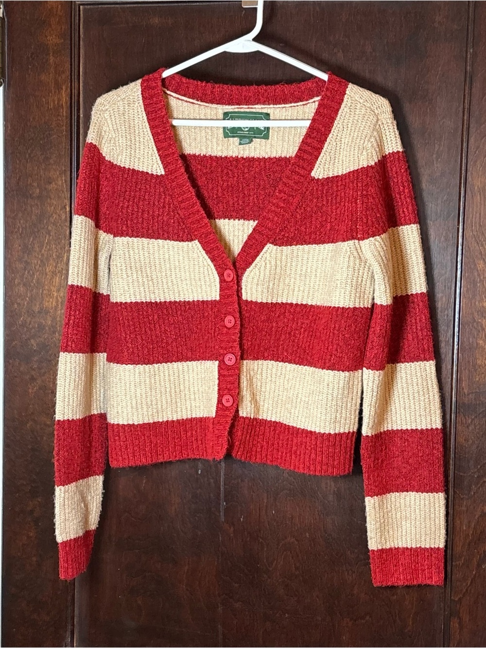 American Eagle Women’s Sweater Size Medium Cardigan Red and Cream Striped V-Neck